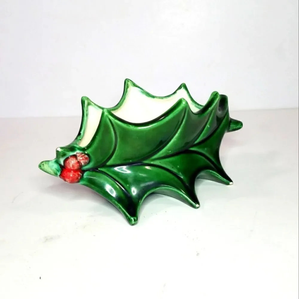 1980s Vintage Atlantic Mold Ceramic Christmas Holly Berry Small Bowl Dish